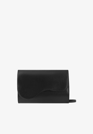 Black leather clutch with a curved flap and a small wrist strap on the right side, shown against a white background.