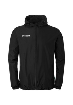 Giacca nera con cappuccio e zip, polsini elastici e logo "uhlsport" sul petto sinistro, progettata per lo sport o per un uso casual.
