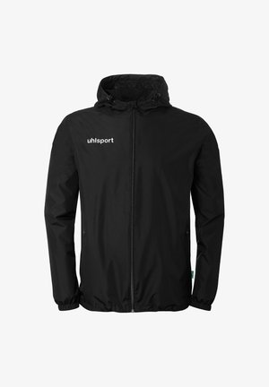 Schwarze Kapuzenjacke mit Reißverschluss, elastischen Bündchen und "uhlsport" Logo auf der linken Brust, für Sport oder Freizeitkleidung entworfen.
