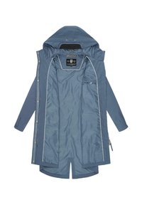 Giacca blu impermeabile con cappuccio, chiusura con zip, tasca interna e piping bianco lungo i bordi. Tessuto liscio e leggero.