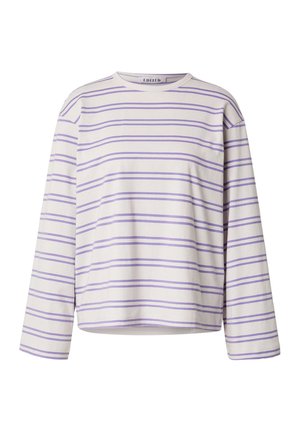 Long-sleeve white shirt with horizontal light purple stripes and a round neckline, displayed on a plain white background.