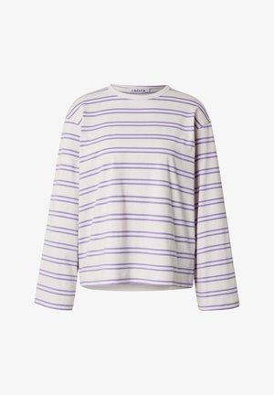 Long-sleeve white shirt with horizontal light purple stripes and a round neckline, displayed on a plain white background.