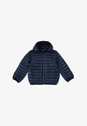Marineblaue gesteppte Jacke für Kleinkinder mit Kapuze, durchgehendem Reißverschluss, elastischen Bündchen und leicht gepolstertem Stoff.