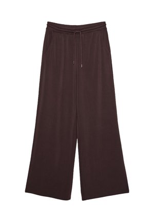 Pantaloni a gamba larga di colore marrone scuro con vita elasticizzata, coulisse e tasche laterali, presentati su sfondo bianco.