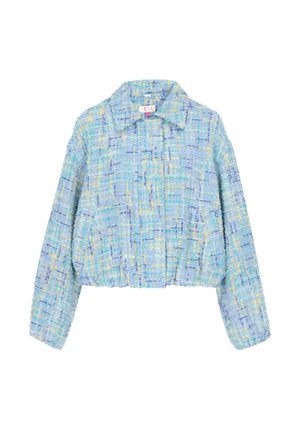 Rövid fazonú, hosszú ujjú dzseki kék, zöld és sárga tweed anyagból, hegyes gallérral és elasztikus szegéllyel.