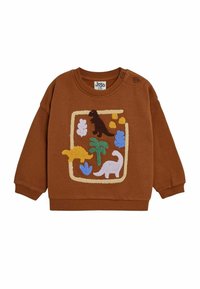 Hnědá mikina s barevnými aplikacemi dinosaurů a rostlin, kulatým výstřihem a dvěma knoflíkovými detaily na ramenou.