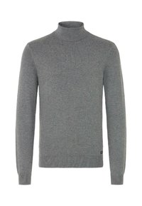 Grå turtleneck sweater lavet af blødt strikket stof. Den har lange ærmer, en tætsiddende pasform og ribbede manchetter og kant.