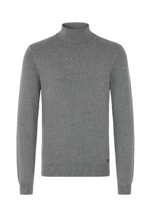 Grå turtleneck sweater lavet af blødt strikket stof. Den har lange ærmer, en tætsiddende pasform og ribbede manchetter og kant.