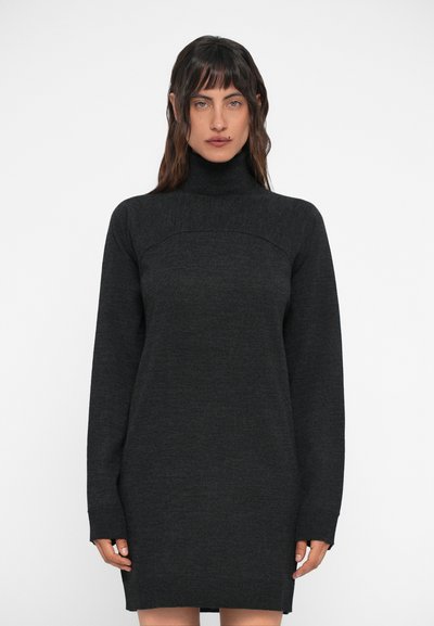 Dunkelgraues Rollkragenkleid, langärmlig, schmal geschnitten, weiche Textur, knielang, mit einer geschwungenen Nahtdetails über der Brust.