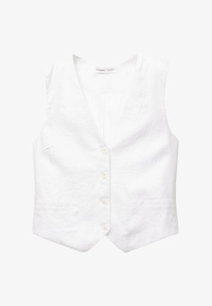 White linen vest with a v-neck, five front buttons, two pockets, and a slightly structured shape. Smooth texture, no patterns or accents.
