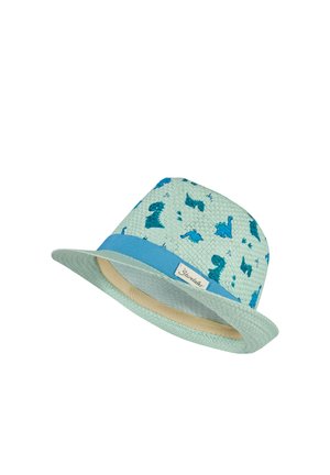 Light blue woven fedora hat with darker blue dinosaur patterns and a solid blue band around the base.