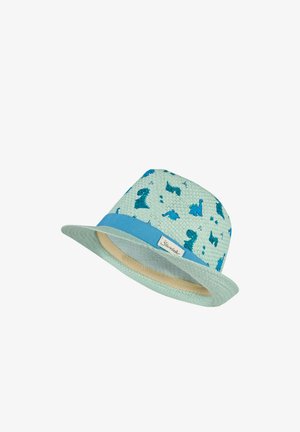 Light blue woven fedora hat with darker blue dinosaur patterns and a solid blue band around the base.
