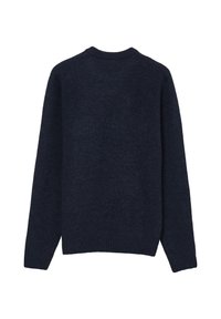 Maglione lavorato a maglia blu navy con maniche lunghe, colletto tondo e orlo a costine. Tessuto morbido con un aspetto uniforme, senza motivi o dettagli visibili.