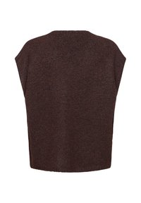 Gilet sans manches en tricot marron foncé avec un col rond, présenté de dos sur fond blanc.