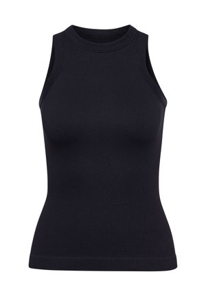 Zwart geribbeld tanktop met een ronde halslijn en zonder mouwen. Strakke pasvorm, gemaakt van textuurmateriaal. Geen zichtbare patronen of hardware.
