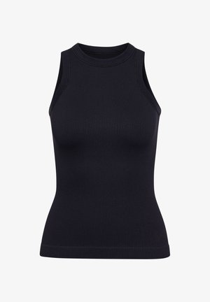 Black ribbed tank top with a round neckline and sleeveless design. Fitted silhouette, made of textured material. No visible patterns or hardware.