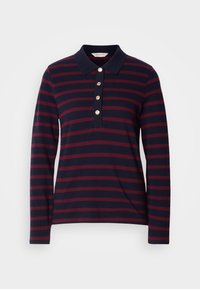 Navy blue and burgundy striped long-sleeve polo shirt with a collar and four gold buttons on the front placket.