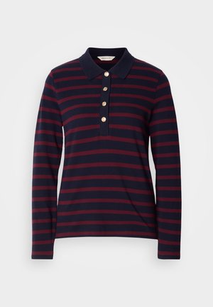 Navy blue and burgundy striped long-sleeve polo shirt with a collar and four gold buttons on the front placket.