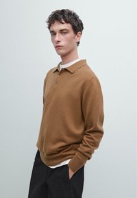 Hnědý pletený pulovr s límečkem, třemi knoflíky a dlouhými rukávy. Nositý přes bílou košili, spárovaný s tmavými kalhotami. Hladká textura.