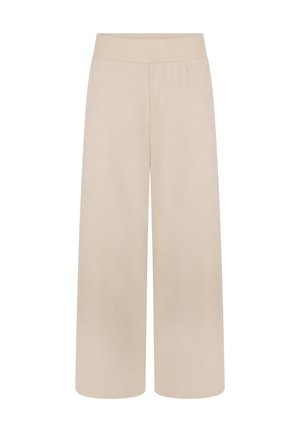 Beige wijde broek met elastische tailleband, cropped lengte en gladde stof, weergegeven op een witte achtergrond.