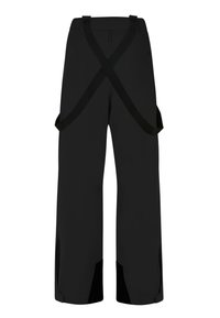 Pantalones impermeables negros con tirantes cruzados ajustables, piernas anchas, dos bolsillos laterales y puños reforzados para mayor durabilidad.