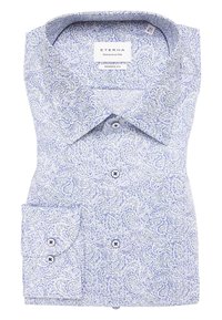 Camicia in cotone con motivo paisley blu e bianco, vestibilità moderna, colletto classico e chiusura con bottoni, con taschino sul lato sinistro del petto.