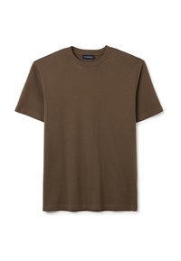 T-shirt in cotone marrone con colletto tondo classico, maniche corte e vestibilità comoda, dalla texture liscia e senza motivi o decorazioni.