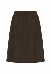 Brown, knee-length skirt with an elastic waistband, made of a textured fabric with a soft finish, featuring a simple, unembellished design.