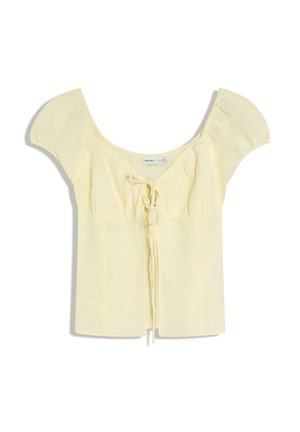 Hellgelbe Kurzarmbluse mit aufgeblähten Schultern und vorderer Bindendetail, ausgestattet mit einem breiten, tief ausgeschnittenen Rundhalsausschnitt.