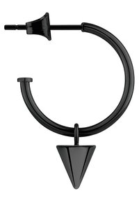 Schwarzer Hoops-Ohrring mit einem konischen, spitzen Anhänger am Ende. Aus glattem, glänzendem Material mit einem kreisförmigen Design.