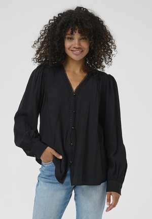 Black, long-sleeve blouse with a V-neck and intricate lace detailing down the front. Soft fabric with a relaxed fit and button closures.