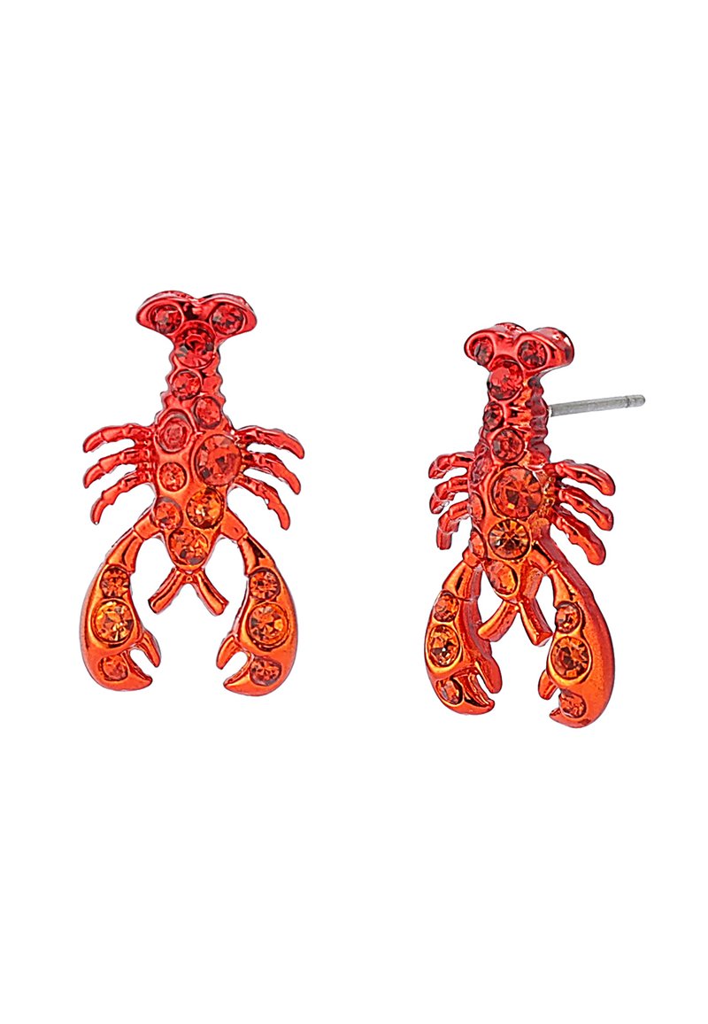 Red lobster-shaped earrings with orange rhinestones on a textured surface; metal post backing for secure wear.