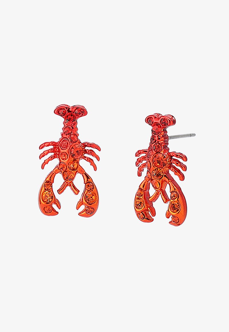 Red lobster-shaped earrings with orange rhinestones on a textured surface; metal post backing for secure wear.