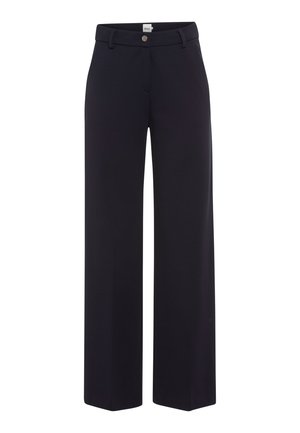 Pantalon large bleu marine avec passants pour ceinture, bouton sur le devant et fermeture éclair, fabriqué par Brax.