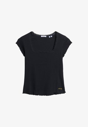 Czarny krótki top z rękawami oraz kwadratowym dekoltem, żebrowaną teksturą, falbaniastymi krawędziami i małym złotym logo w lewym dolnym rogu.