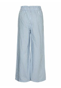 Lyseblå vide bukser med vertikale striper, med en samlet elastisk midje og sidelommer for ekstra komfort.