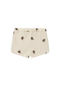 Shorts en coton muslin beige imprimés de cactus, texture douce, taille élastique, avec des motifs de cactus marron foncé dispersés.