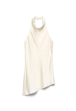 Robe sans manches couleur crème avec un col cache-cœur drapé et un ourlet asymétrique, présentée sur un fond blanc.