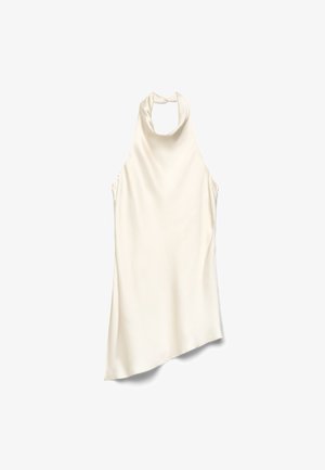 Robe sans manches couleur crème avec un col cache-cœur drapé et un ourlet asymétrique, présentée sur un fond blanc.
