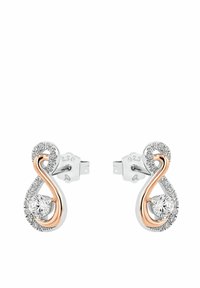 Pendientes de plata y oro rosa en un diseño de infinito, con una piedra central redonda y clara, rodeada de pequeñas piedras claras. Marcados 925.