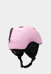 Pink ski helmet with a matte finish, vented top, adjustable chin strap, and black inner padding. Features a sleek, rounded shape.