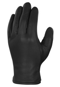Black leather glove with five fingers, smooth texture, and reinforced stitching along the seams. Sleek, fitted design for warmth.