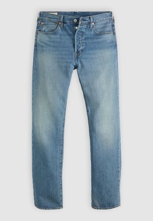 Light blue denim jeans with a straight leg design, featuring a five-pocket layout, copper hardware, and subtle fading across the fabric.