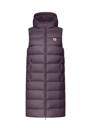Gilet matelassé violet avec capuche, doté d'une fermeture éclair à l'avant, de deux poches latérales et d'un logo sur le côté supérieur gauche. Texture lisse.