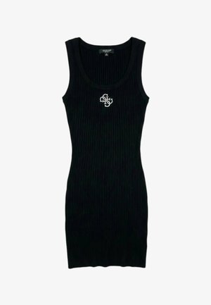 Vestito nero senza maniche a coste con scollo a girocollo e piccolo logo con lettere bianche intrecciate G, U, E, S, S sul petto.
