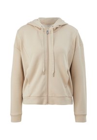 Beige zip-up hoodie met een capuchon, gemaakt van zachte stof. Heeft trekkoorden en zijzakken, met ribgebreide manchetten en onderkant.