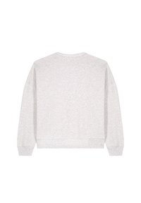 Hellgrauer Pullover mit Rundhalsausschnitt, schrägen Schultern, gerippten Bündchen und Saum. Hergestellt aus weichem, strukturiertem Stoff mit glatter Oberfläche.