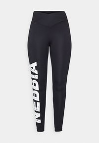 Leggings negre cu talie înaltă, cu un design încrucișat în față. Prezintă o imprimare albă, decolorată cu "NEBBIA" pe piciorul stâng. Material neted și elastic.