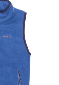 Blue fleece vest with high collar, navy trim, and zippered side pocket. Brand name "kamik" embroidered on the front. Soft texture.