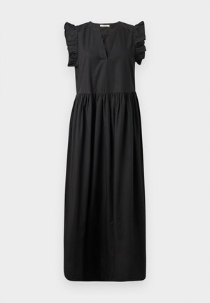 Robe longue noire sans manches avec décolleté en V et taille froncée, ornée de détails à volants sur les épaules.